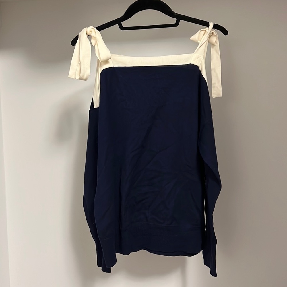 J Crew M Navy and White off the shoulder sweater with tie-knot straps